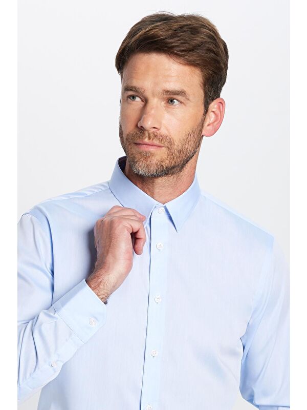 TUDORS Slim Fit Mavi Non-Iron %100 Pamuk Ekoteks Belgeli Ütü Gerektirmez Gömlek