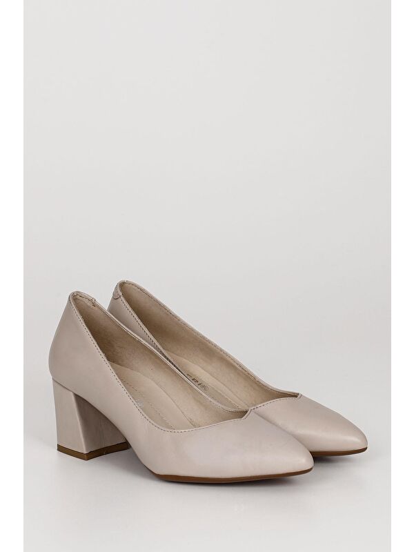 BEJ Hakiki Deri Sivri Burun Orta Kalın Topuklu Kadın Ayakkabı 24170 - Görsel 3