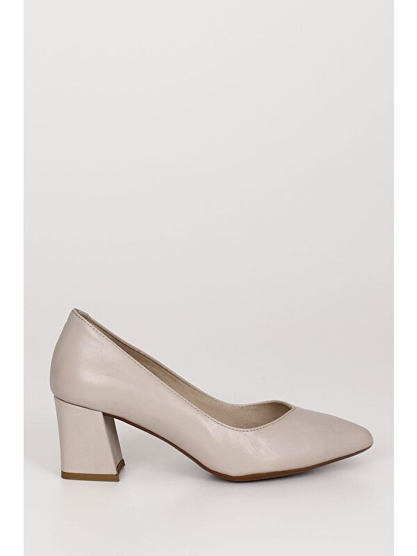 BEJ Hakiki Deri Sivri Burun Orta Kalın Topuklu Kadın Ayakkabı 24170 - Görsel 5