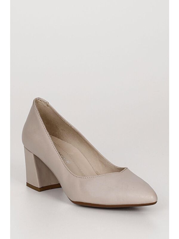 BEJ Hakiki Deri Sivri Burun Orta Kalın Topuklu Kadın Ayakkabı 24170 - Görsel 6