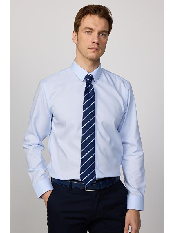 TUDORS Slim Fit Mavi Non-Iron %100 Pamuk  Ekoteks Belgeli Ütü Gerektirmez Gömlek