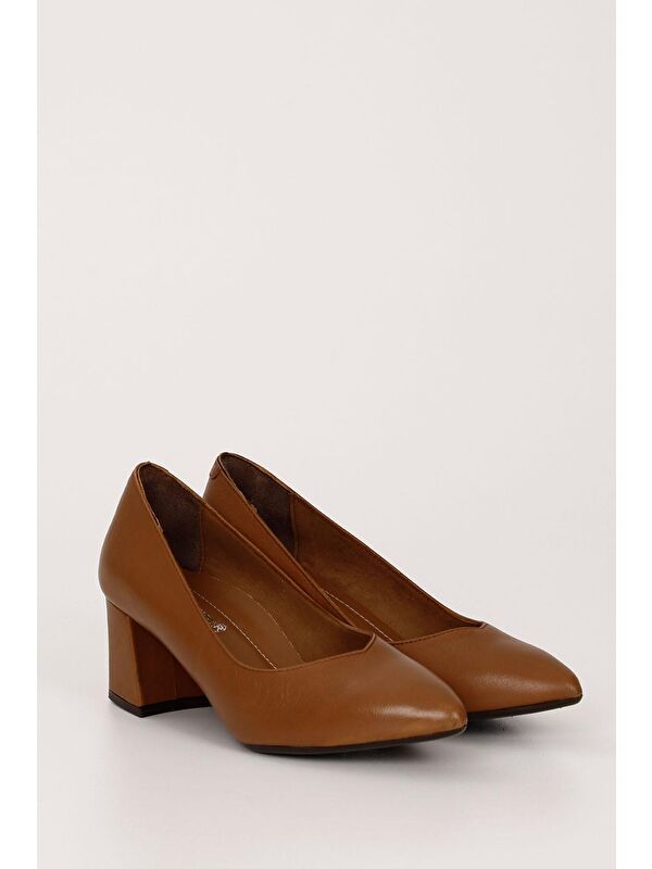Gonderi(r) Kahverengi Gonderi(r) Hakiki Deri Kadın Sivri Burun Orta Kalın Topuklu Ayakkabı