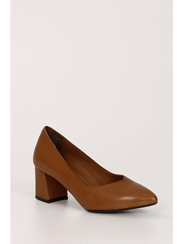 Gonderi(r) Kahverengi Gonderi(r) Hakiki Deri Kadın Sivri Burun Orta Kalın Topuklu Ayakkabı