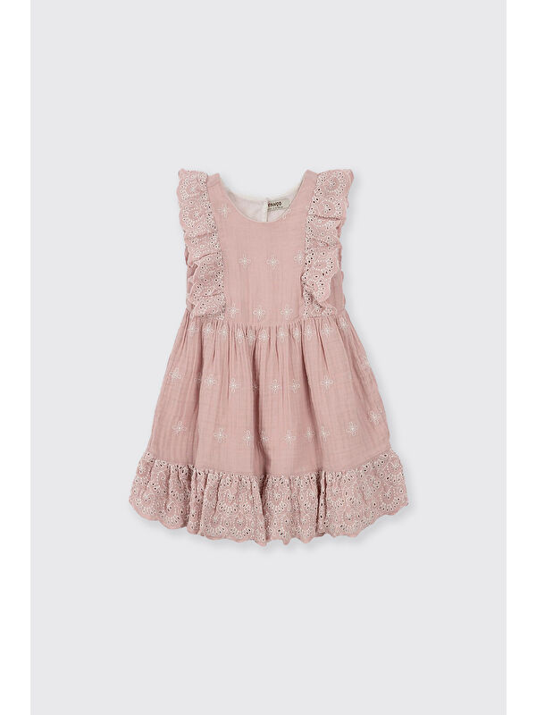 Panço Kız Bebek Nakışlı Müslin Pembe Elbise