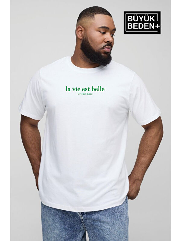 Süperlife Erkek  La Vie Est Belle Baskılı Bisiklet Yaka Büyük Beden Tişört SPR25BT910