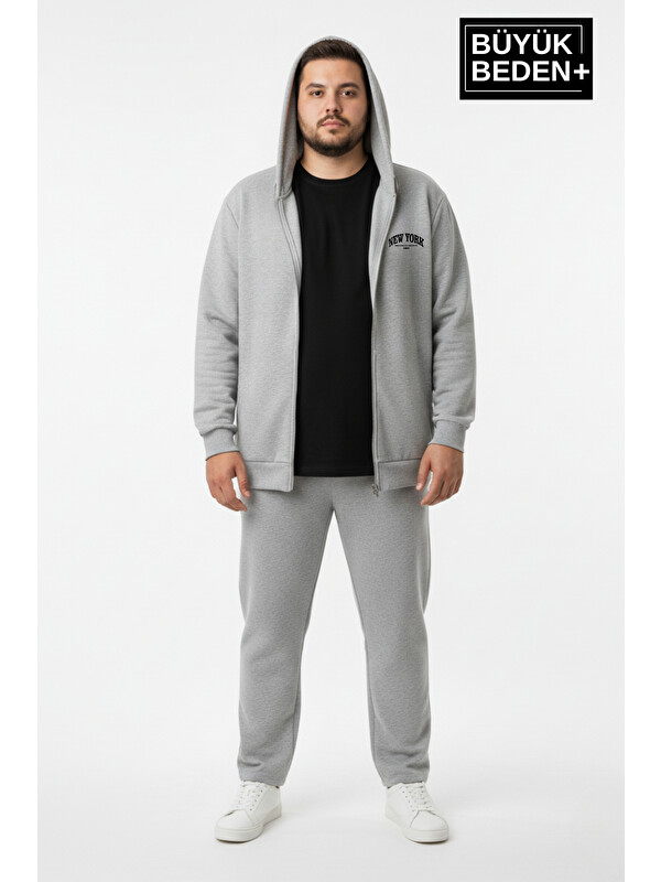 Süperlife Erkek Büyük Beden Fermuarlı Kapüşonlu New York Baskılı ince Sweatshirt Hırka SPR26BHR923