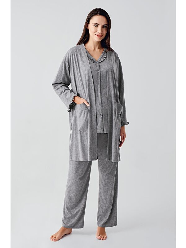 Artış Kısa Kollu Düğmeli Pamuklu Hamile Sabahlık Pijama Takım 17300