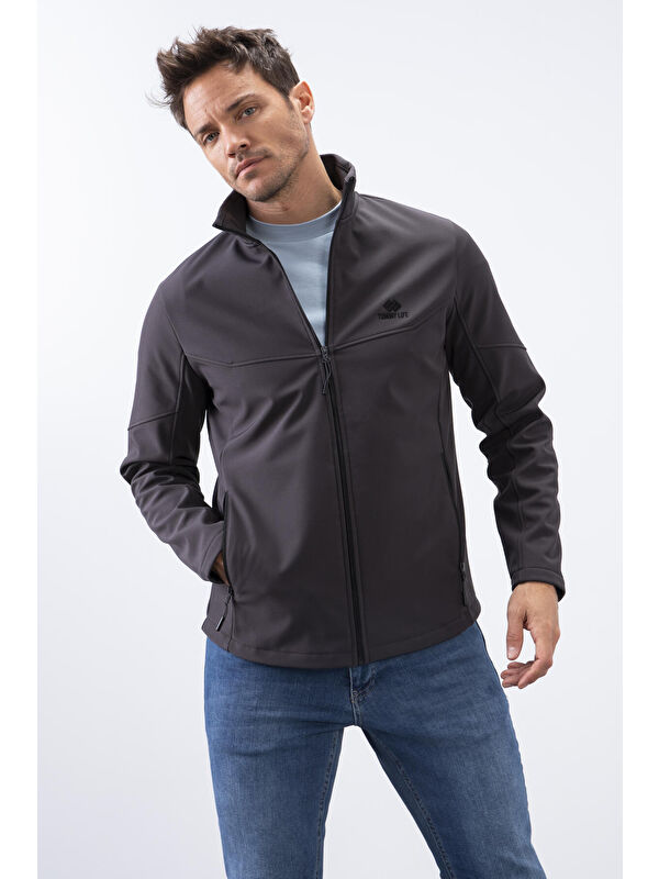 Tommylife Antrasit Fermuarlı Dik Yaka Su ve Rüzgar Geçirmez Softshell Erkek Ceket - 88050