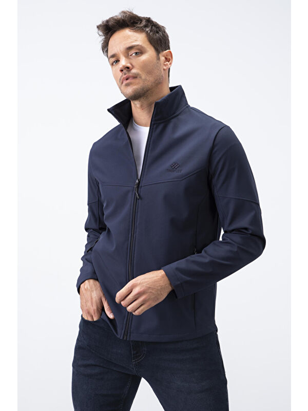Tommylife Lacivert Fermuarlı Dik Yaka Su ve Rüzgar Geçirmez Softshell Erkek Ceket- 88050