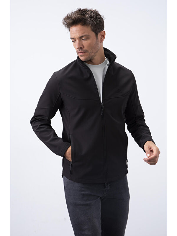 Tommylife Siyah Fermuarlı Dik Yaka Su ve Rüzgar Geçirmez Softshell Erkek Ceket- 88050