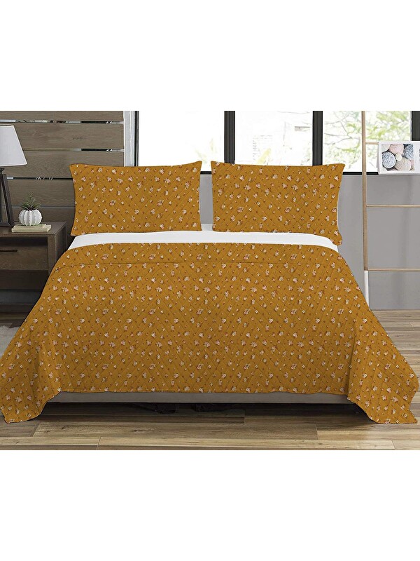 Evmila Modern Desen Çift Kişilik Baskılı Pike (200x220 Cm) Sarı