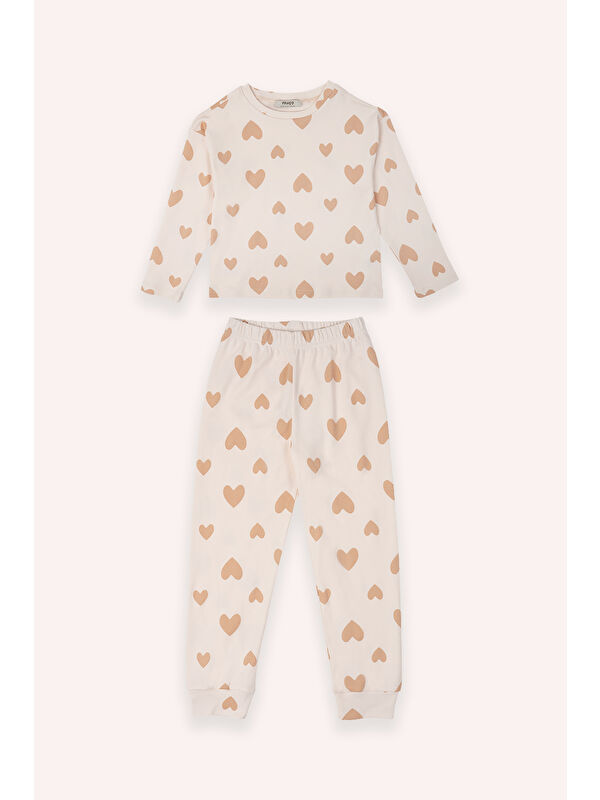 Panço Kız Çocuk Kalp Desen Baskılı 2'li Pudra Pijama Takım