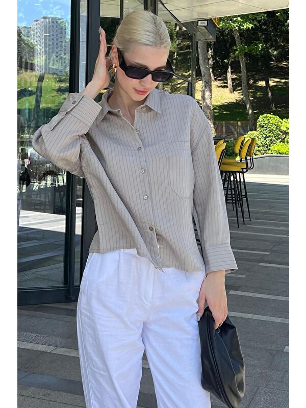 Madmext Gri Çizgili Oversize Kadın Gömlek Mg2093