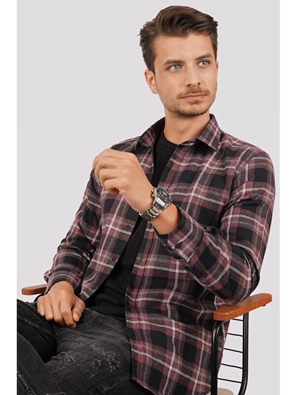 Etikmen Bordo Beyaz Slimfit %100 Pamuk Erkek Oduncu Gömlek