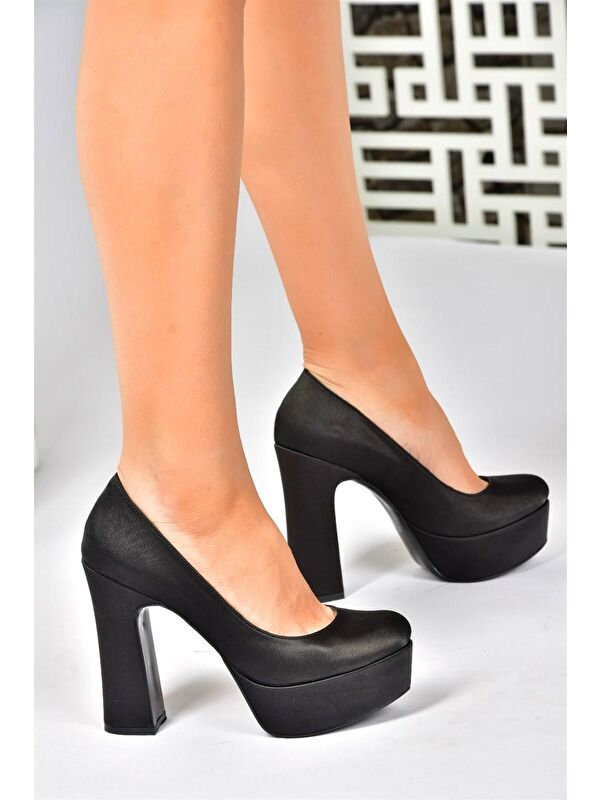 Siyah Saten Kumaş Kalın Topuklu Kadın Abiye Ayakkabı M348007904 - Görsel 2