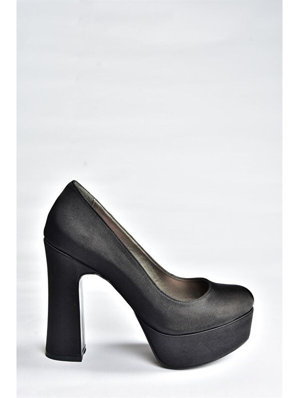 Siyah Saten Kumaş Kalın Topuklu Kadın Abiye Ayakkabı M348007904 - Görsel 6