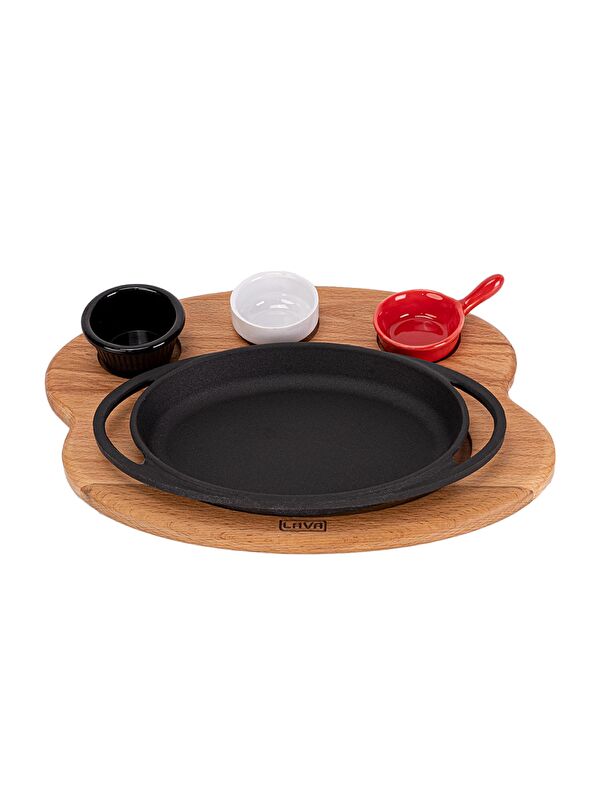 LAVA Oval Sahan Döküm Demir Yekpare Çift Kulplu Kayın Servis Ahşabı Ölçü 21x14cm.
