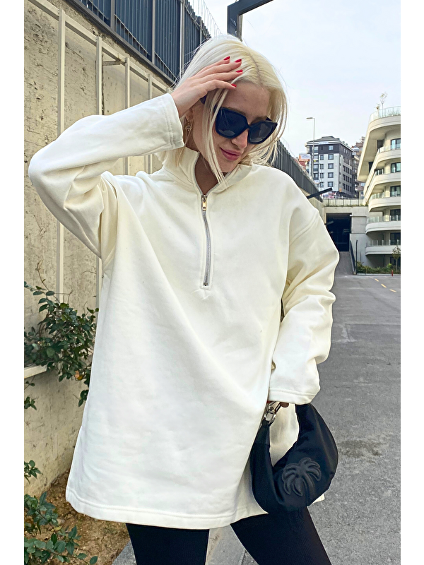 Madmext Ekru Fermuar Yaka Yırtmaçlı Sweatshirt Mg1903