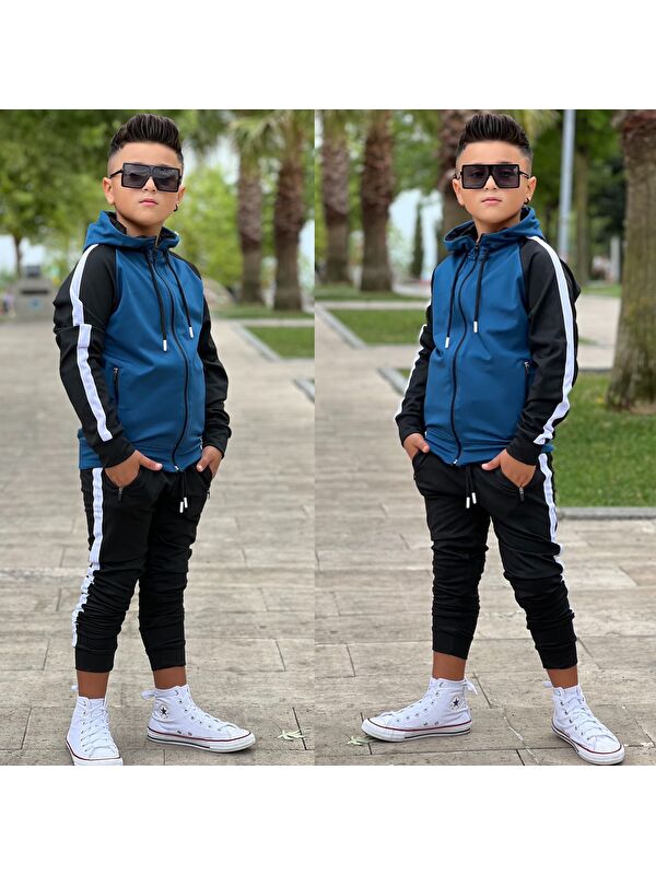 Pina Kids Unisex Şerit Detaylı Kapüşonlu Çocuk Eşofman Takımı