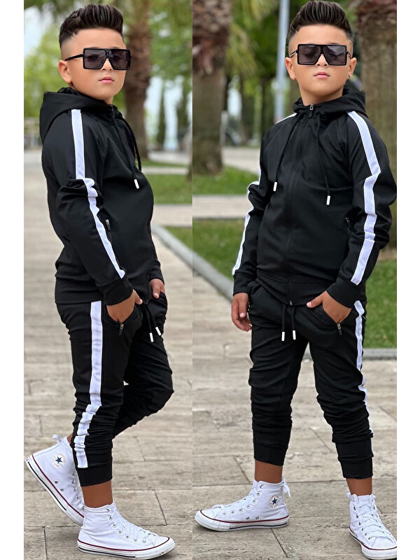 Pina Kids Unisex Şerit Detaylı Kapüşonlu Çocuk Eşofman Takımı ESF.1903