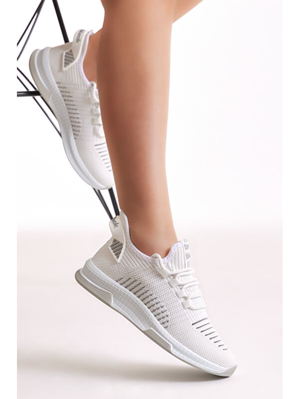 Unisex Beyaz Gri Poli Taban Tekstil Kumaş Bağcıklı Spor Ayakkabı - Görsel 4
