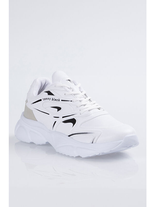 Unisex Beyaz Kalın Faylon Taban Desenli Bağcıklı Spor Ayakkabı - Görsel 3