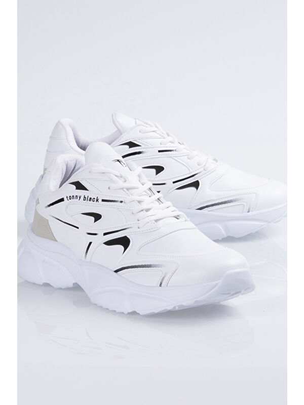 Unisex Beyaz Kalın Faylon Taban Desenli Bağcıklı Spor Ayakkabı - Görsel 4