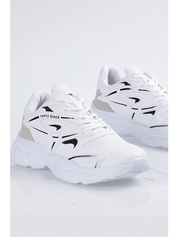 Unisex Beyaz Kalın Faylon Taban Desenli Bağcıklı Spor Ayakkabı - Görsel 5