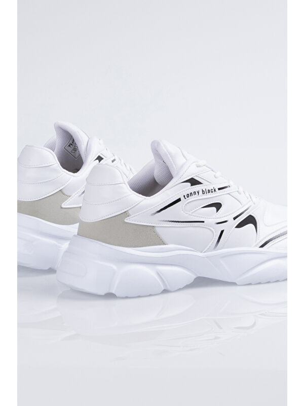 Unisex Beyaz Kalın Faylon Taban Desenli Bağcıklı Spor Ayakkabı - Görsel 6