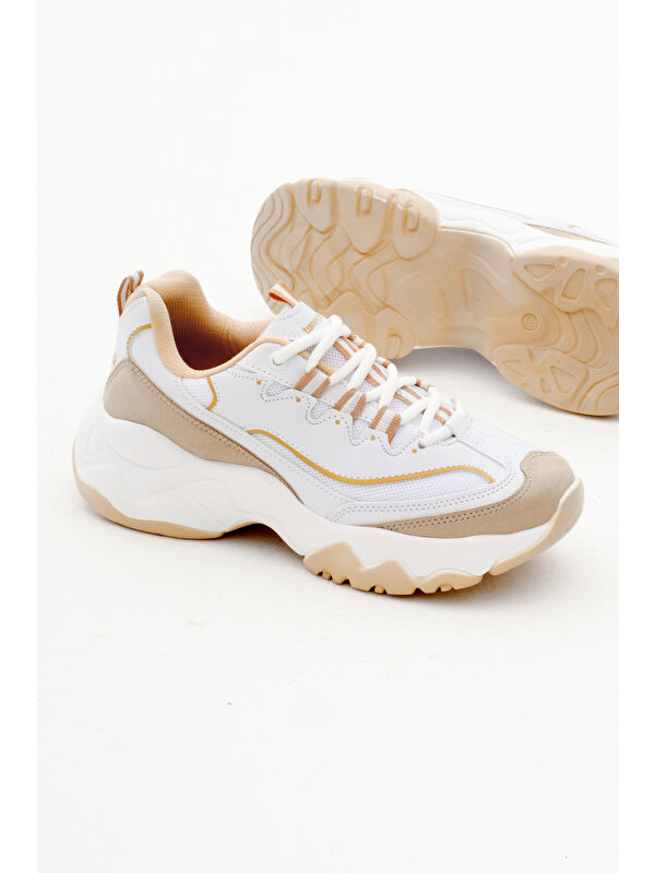 Kadın Bej Rahat Kalıp Yüksek Taban Bağcıklı Spor Ayakkabı - Görsel 5
