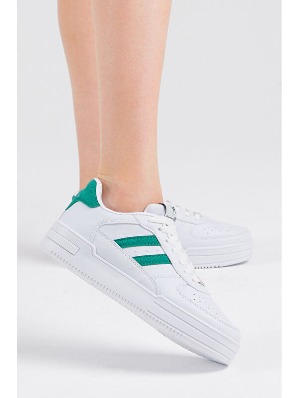 Unisex Beyaz Yeşil Yanı Çizgili Bağcıklı Rahat Kalıp Sneaker - Görsel 3