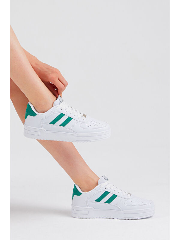 Unisex Beyaz Yeşil Yanı Çizgili Bağcıklı Rahat Kalıp Sneaker - Görsel 4
