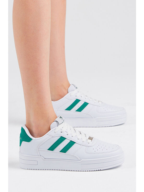Unisex Beyaz Yeşil Yanı Çizgili Bağcıklı Rahat Kalıp Sneaker - Görsel 5