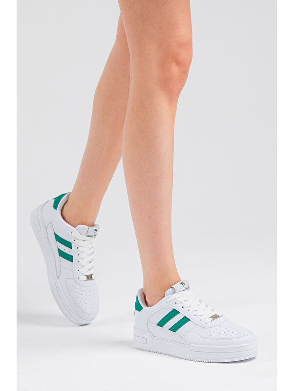Unisex Beyaz Yeşil Yanı Çizgili Bağcıklı Rahat Kalıp Sneaker - Görsel 6