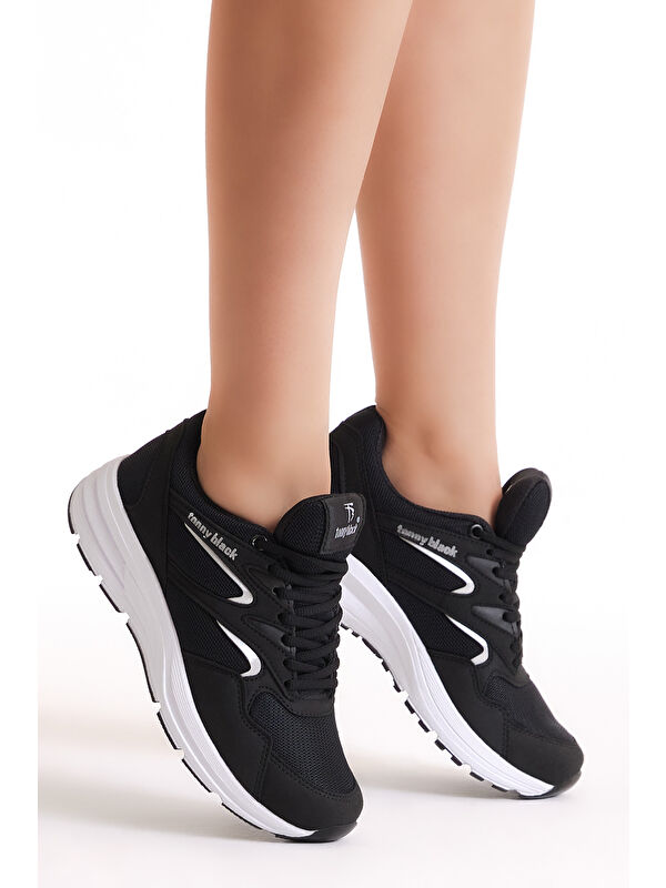 Unisex Siyah Beyaz Poli Taban Nefes Alabilen Kumaş Bağcıklı Spor Ayakkabı - Görsel 3