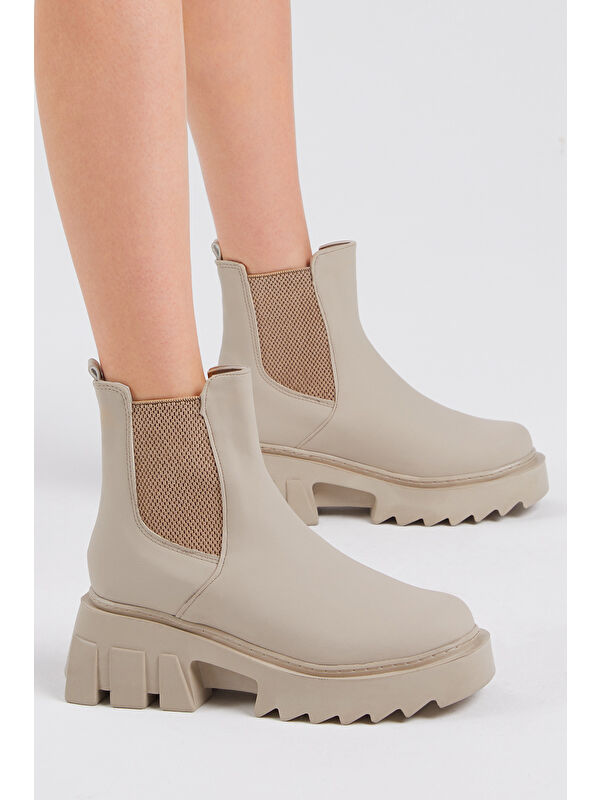 Kadın Krem Cilt Rahat Kalıp Kalın Taban Lastikli Bot - Görsel 4