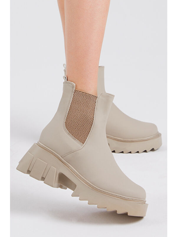 Kadın Krem Cilt Rahat Kalıp Kalın Taban Lastikli Bot - Görsel 5