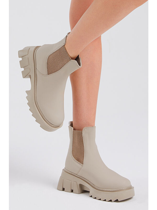 Kadın Krem Cilt Rahat Kalıp Kalın Taban Lastikli Bot - Görsel 6