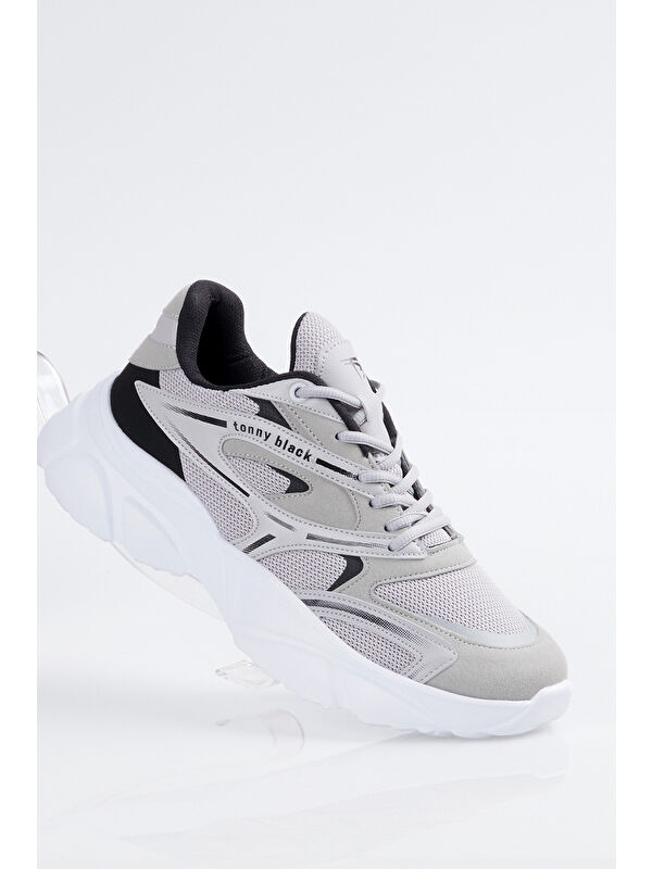 Unisex Gri Kalın Faylon Taban Desenli Bağcıklı Spor Ayakkabı - Görsel 4