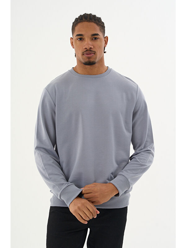 Süperlife Erkek Gri Bisiklet Yaka Ribanalı Regular Fit Sweatshirt spr26swk930
