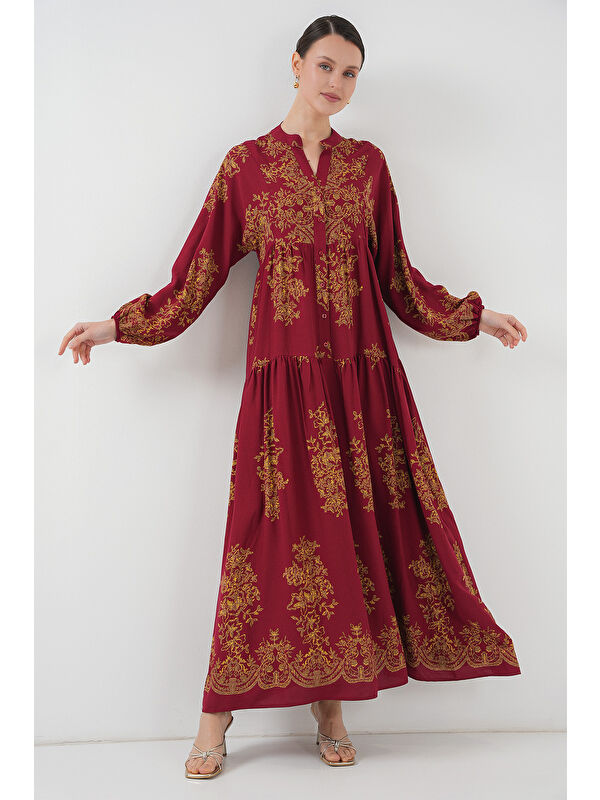 Bigdart Bordo Gold Desenli Tesettür Elbise 2423