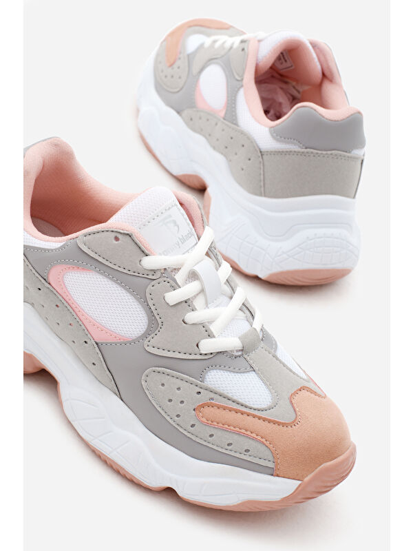 Kadın Buz Pudra Rahat Kalıp Yüksek Taban Bağcıklı Spor Ayakkabı - Görsel 4