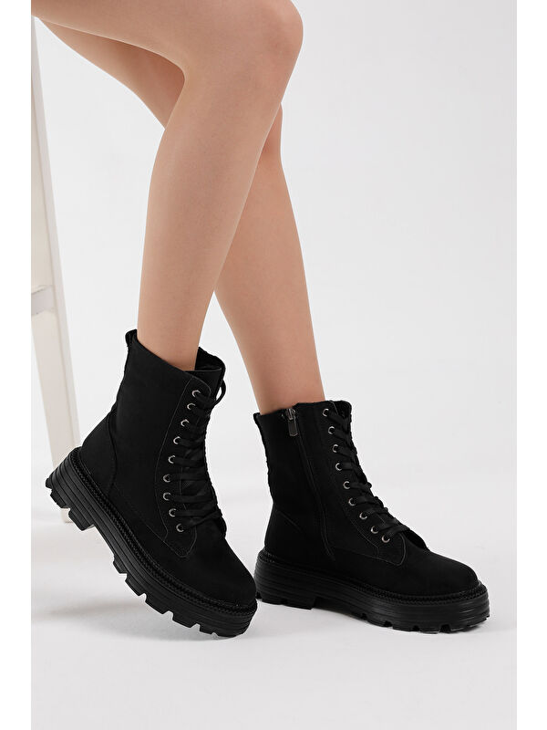Kadın Siyah Süet Poli Taban Rahat Kalıp Bağcıklı Bot - Görsel 4
