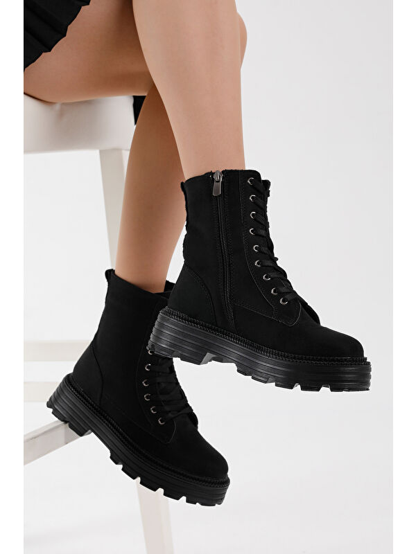 Kadın Siyah Süet Poli Taban Rahat Kalıp Bağcıklı Bot - Görsel 5