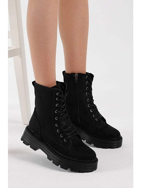 Kadın Siyah Süet Poli Taban Rahat Kalıp Bağcıklı Bot - Görsel 6