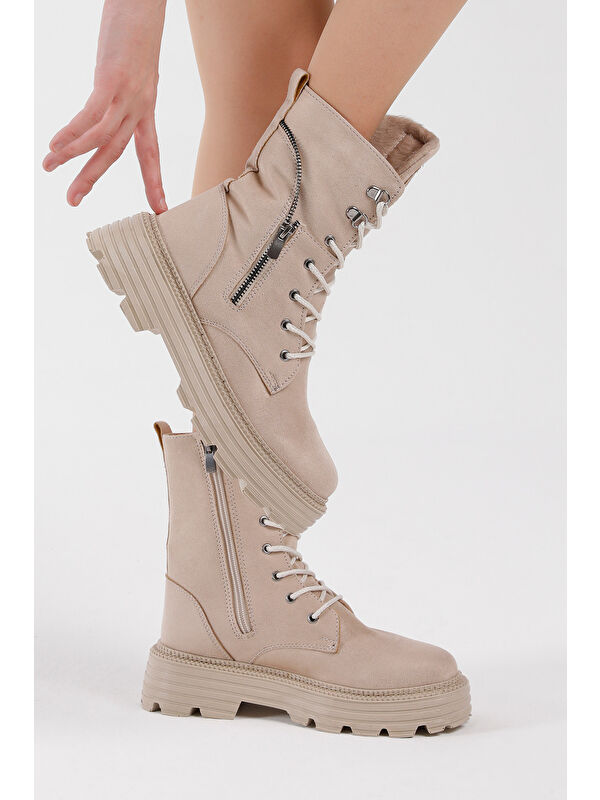 Kadın Krem Süet Poli Taban Fermuar Detaylı Rahat Kalıp Bağcıklı Bot - Görsel 4