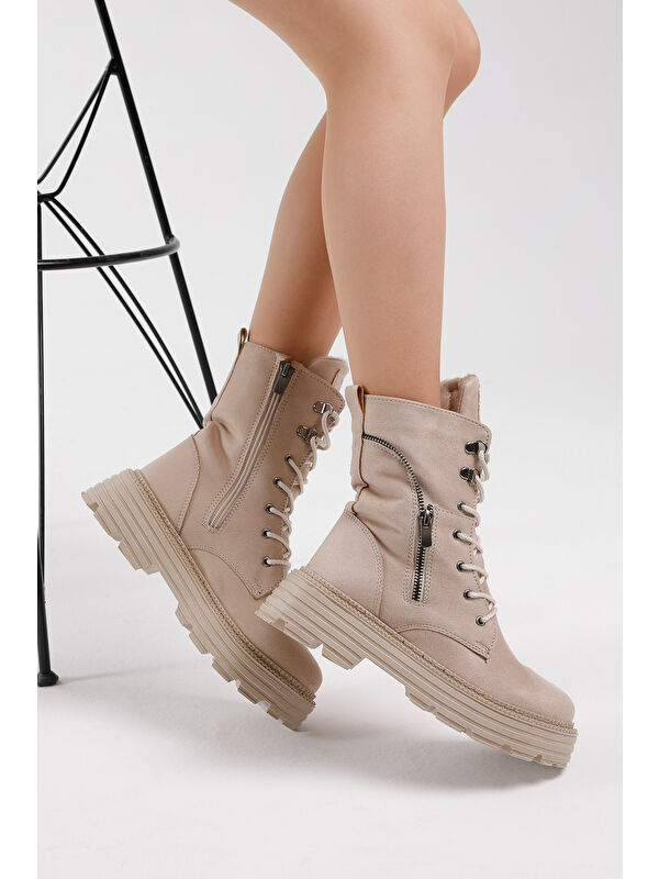 Kadın Krem Süet Poli Taban Fermuar Detaylı Rahat Kalıp Bağcıklı Bot - Görsel 5