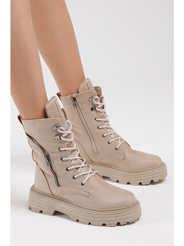 Kadın Krem Süet Poli Taban Fermuar Detaylı Rahat Kalıp Bağcıklı Bot - Görsel 6