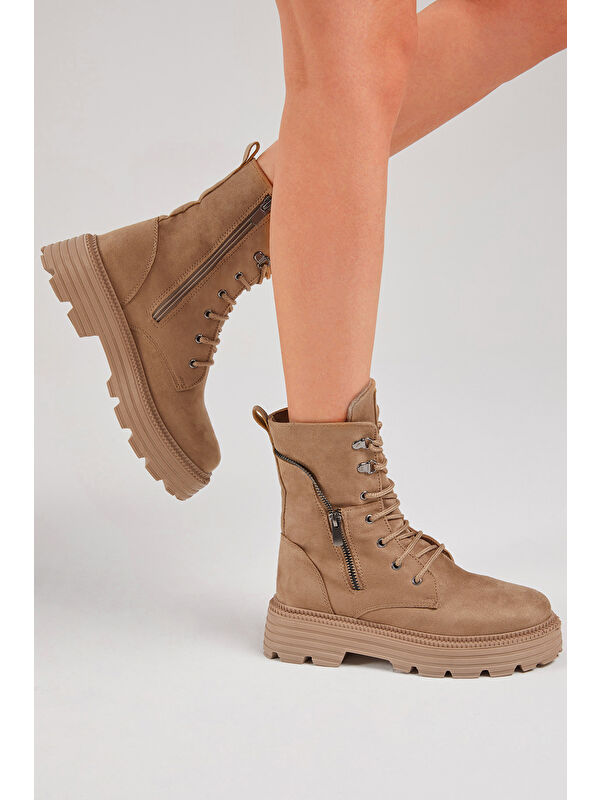 Kadın Vizon Süet Poli Taban Fermuar Detaylı Rahat Kalıp Bağcıklı Bot - Görsel 3