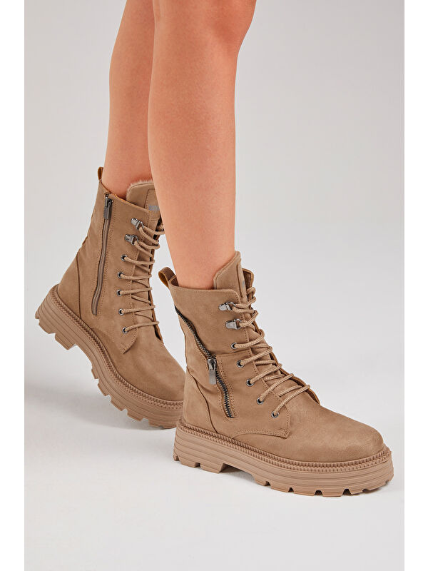 Kadın Vizon Süet Poli Taban Fermuar Detaylı Rahat Kalıp Bağcıklı Bot - Görsel 5